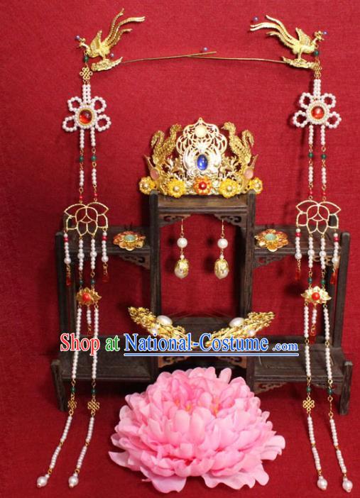 Traditional Chinese Ancient Empress Beads Tassel Hairpins Hair Accessories Phoenix Coronet Handmade Hair Jewelery Hair Fascinators for Women