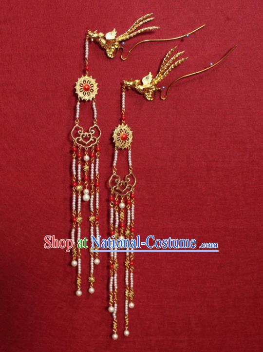 Traditional Chinese Handmade Ancient Ming Dynasty Princess Hair Accessories Golden Phoenix Tassel Hairpin for Women