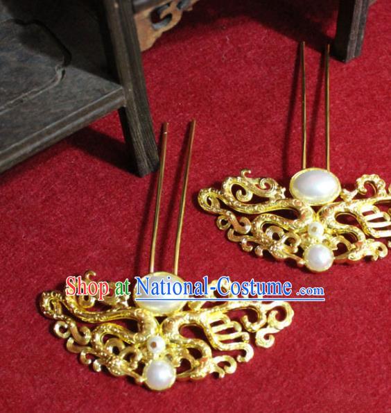 Traditional Chinese Handmade Hair Clips Ancient Princess Hair Accessories Pearl Hairpin Golden Hair Stick for Women