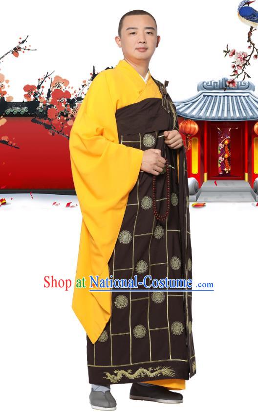 Chinese Traditional Monk Lucky Character Kasaya Costume Meditation Vestment Garment Buddhist Brown Cassock for Men