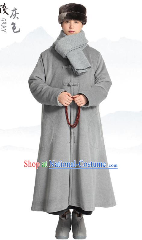 Chinese Traditional Winter Grey Woolen Cloak Costume Lay Buddhist Clothing Meditation Garment Dust Coat for Men