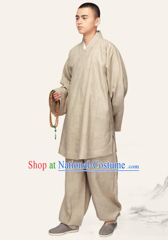 Chinese Traditional Monk Khaki Flax Short Gown and Pants Meditation Garment Buddhist Bonze Costume for Men