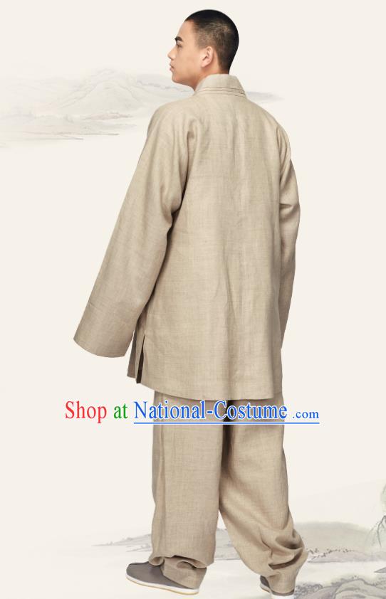 Chinese Traditional Monk Khaki Flax Short Gown and Pants Meditation Garment Buddhist Bonze Costume for Men