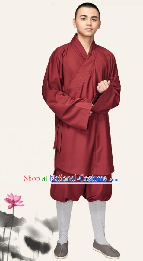 Chinese Traditional Monk Dark Red Flax Short Gown and Pants Meditation Garment Buddhist Bonze Costume for Men