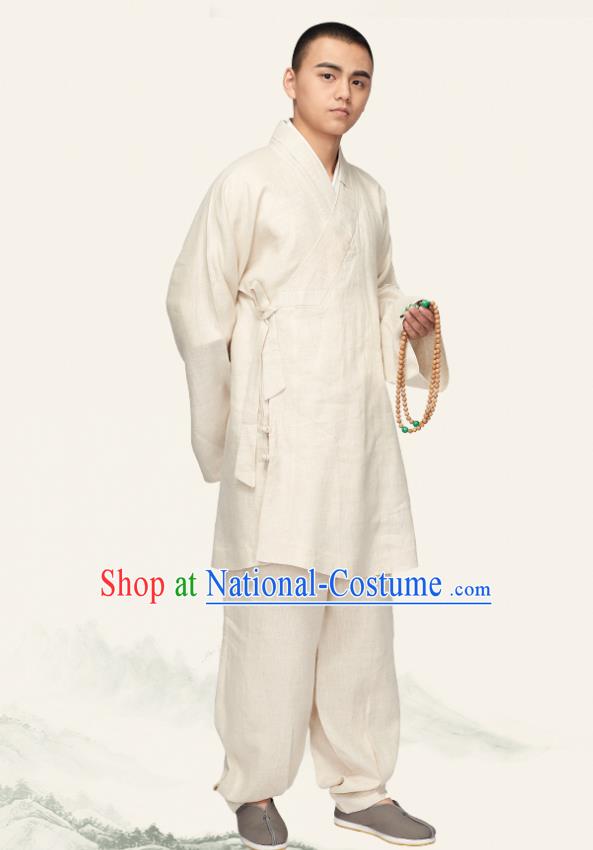 Chinese Traditional Monk White Flax Short Gown and Pants Meditation Garment Buddhist Bonze Costume for Men