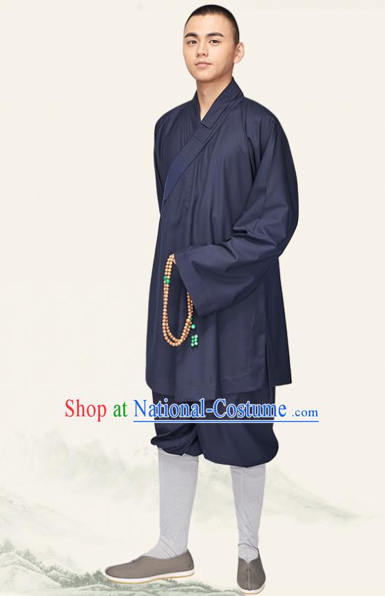 Chinese Traditional Monk Navy Flax Short Gown and Pants Meditation Garment Buddhist Bonze Costume for Men