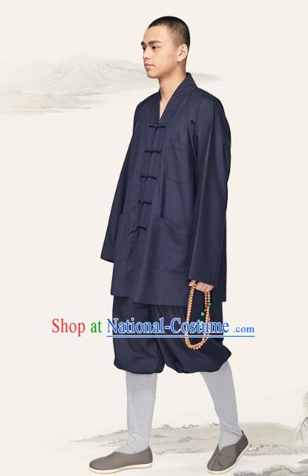 Chinese Traditional Meditation Garment Buddhist Bonze Costume Monk Navy Short Gown and Pants for Men