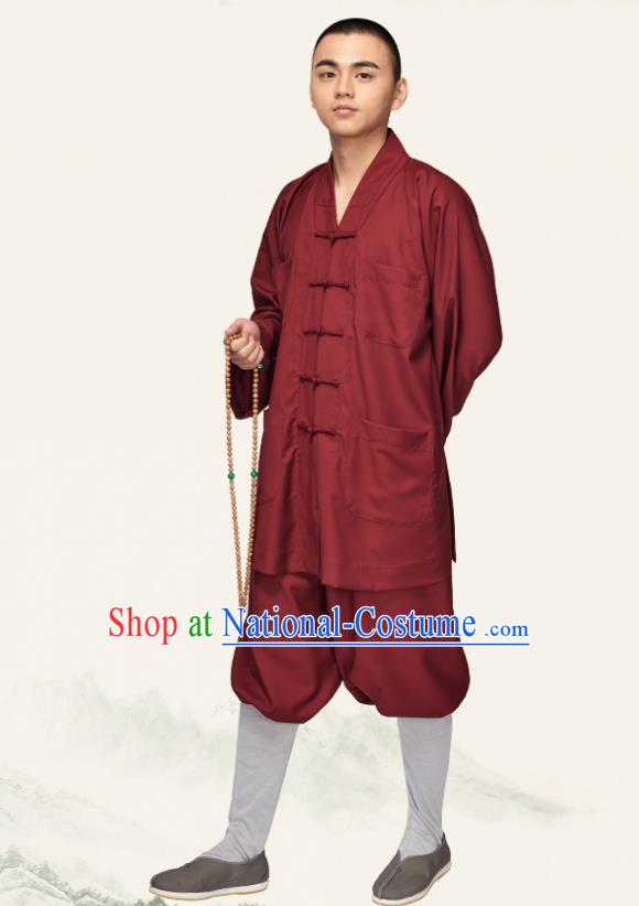 Chinese Traditional Buddhist Bonze Purplish Red Costume Meditation Garment Monk Gown and Pants for Men