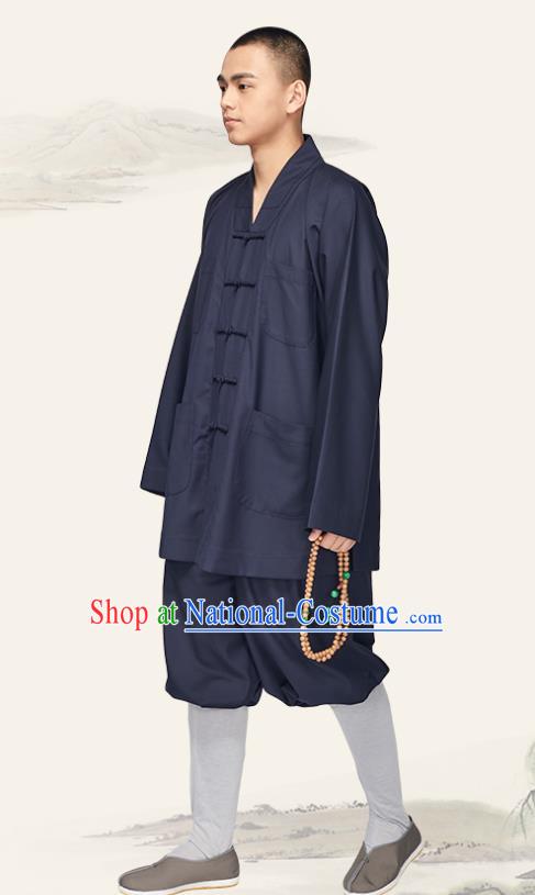 Chinese Traditional Buddhist Bonze Costume Meditation Garment Monk Navy Gown and Pants for Men