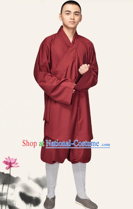 Chinese Traditional Monk Purplish Red Gown and Pants Buddhist Bonze Costume Meditation Garment for Men