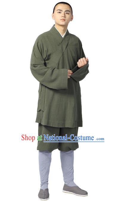 Chinese Traditional Monk Olive Green Short Gown and Pants Meditation Garment Buddhist Costume for Men