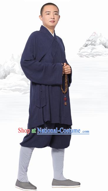 Chinese Traditional Monk Navy Short Gown and Pants Meditation Garment Buddhist Costume for Men