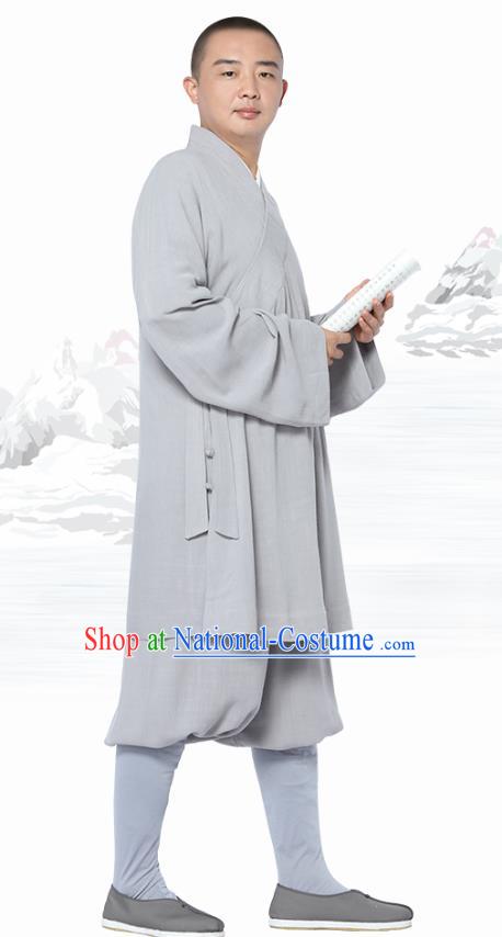 Chinese Traditional Monk Light Grey Short Gown and Pants Meditation Garment Buddhist Costume for Men