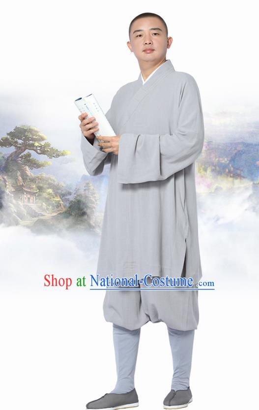 Chinese Traditional Monk Light Grey Short Gown and Pants Meditation Garment Buddhist Costume for Men