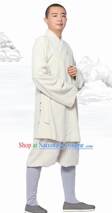 Chinese Traditional Monk White Short Gown and Pants Meditation Garment Buddhist Costume for Men