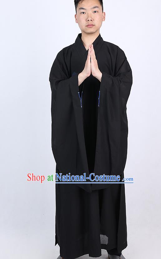 Chinese Traditional Buddhist Monk Black Robe Costume Meditation Garment Dharma Assembly Bonze Frock Gown for Men