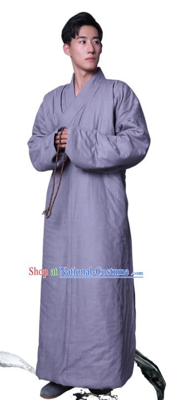 Chinese Traditional Buddhist Monk Costume Meditation Garment Winter Bonze Clothing Grey Cotton Wadded Robe for Men