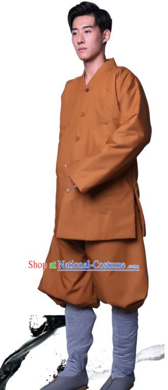 Chinese Winter Buddhist Monk Costume Traditional Meditation Garment Bonze Clothing Ginger Cotton Wadded Coat and Pants for Men