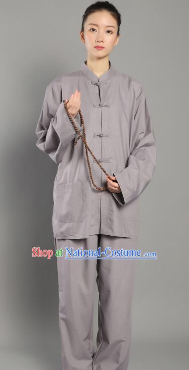 Chinese Lay Buddhist Dress Costume Traditional Meditation Garment Clothing Grey Blouse and Pants for Women