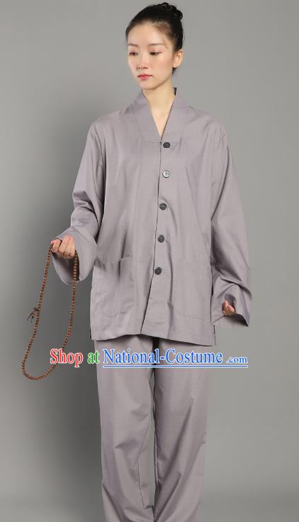 Chinese Lay Buddhist Dress Costume Traditional Meditation Garment Clothing Grey Blouse and Pants for Women