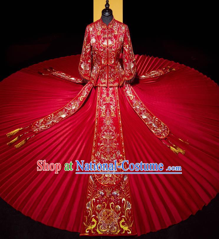 Top Grade Chinese Traditional Wedding Costumes Ancient Bride Red Beads Tassel Xiuhe Suit Toast Dress for Women