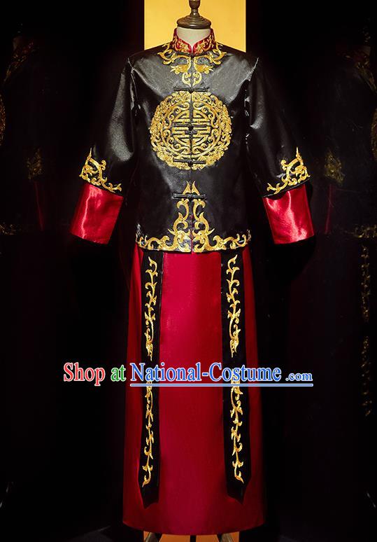 Chinese Handmade Bridegroom Embroidered Costume Traditional Wedding Garment Clothing Tang Suit Black Mandarin Jacket and Robe for Men