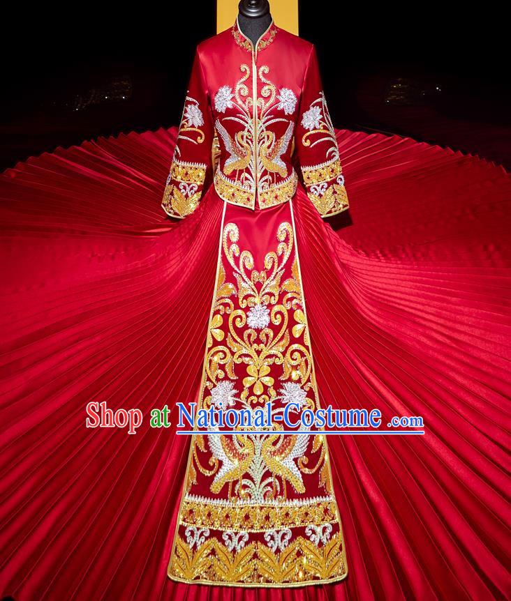 Top Grade Chinese Traditional Wedding Costumes Ancient Bride Diamante Xiuhe Suit Toast Red Dress for Women