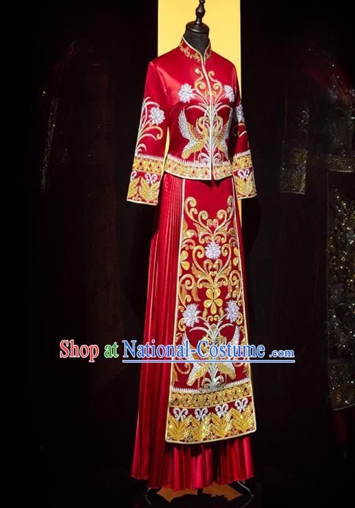 Top Grade Chinese Traditional Wedding Costumes Ancient Bride Diamante Xiuhe Suit Toast Red Dress for Women