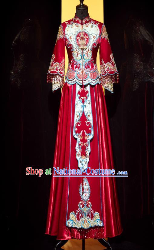 Top Grade Chinese Traditional Wedding Embroidered Costumes Ancient Bride Xiuhe Suit Toast Red Beads Tassel Dress for Women