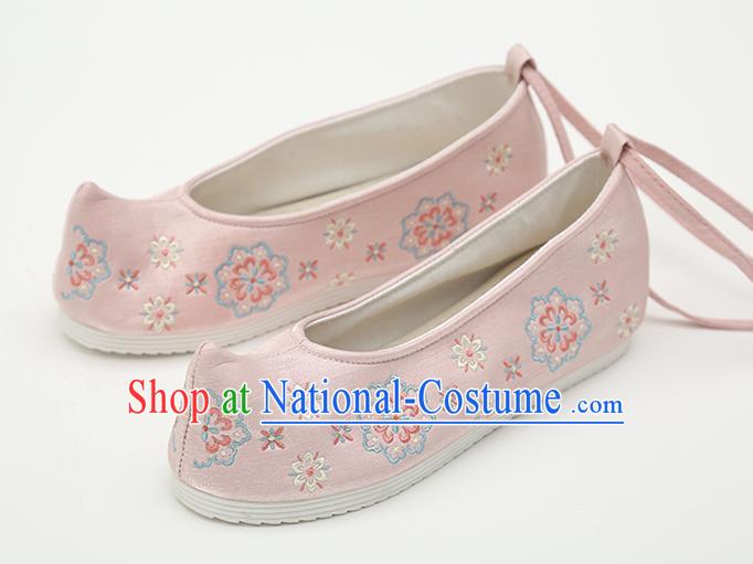 Chinese Handmade Pink Embroidered Shoes Traditional Ming Dynasty Female Bow Shoes Hanfu Shoes Ancient Princess Shoes