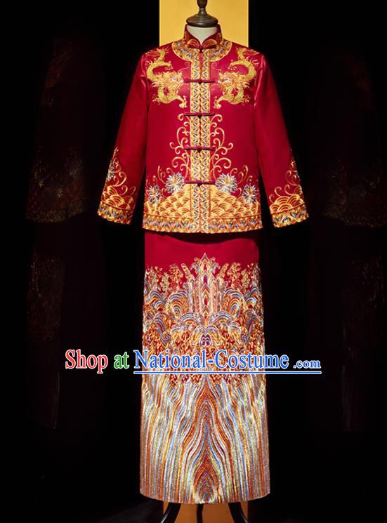 Chinese Bridegroom Costume Traditional Wedding Garment Clothing Tang Suit Mandarin Jacket and Robe for Men