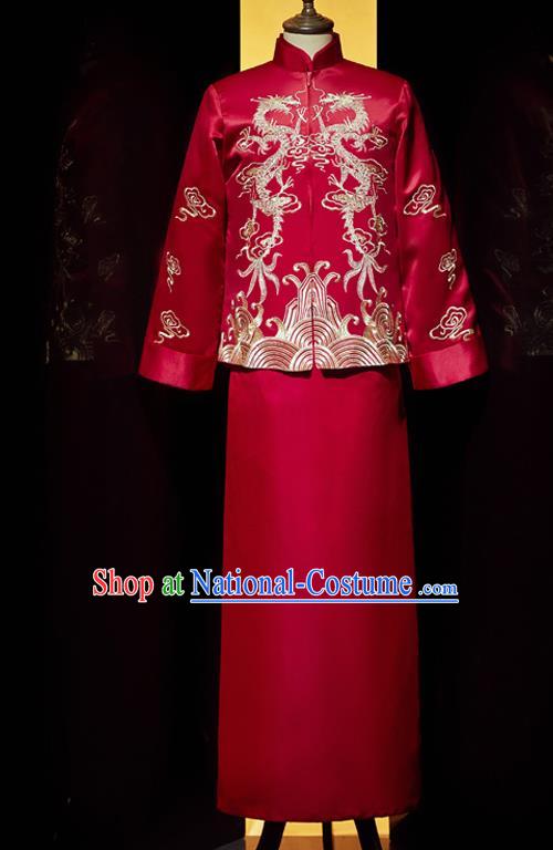 Chinese Bridegroom Embroidered Costume Traditional Wedding Garment Clothing Tang Suit Red Mandarin Jacket and Robe for Men