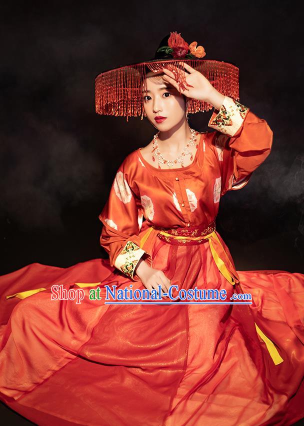 Chinese Ancient Tang Dynasty Young Lady Red Hanfu Dress Traditional Garment Nobility Female Historical Costumes for Women