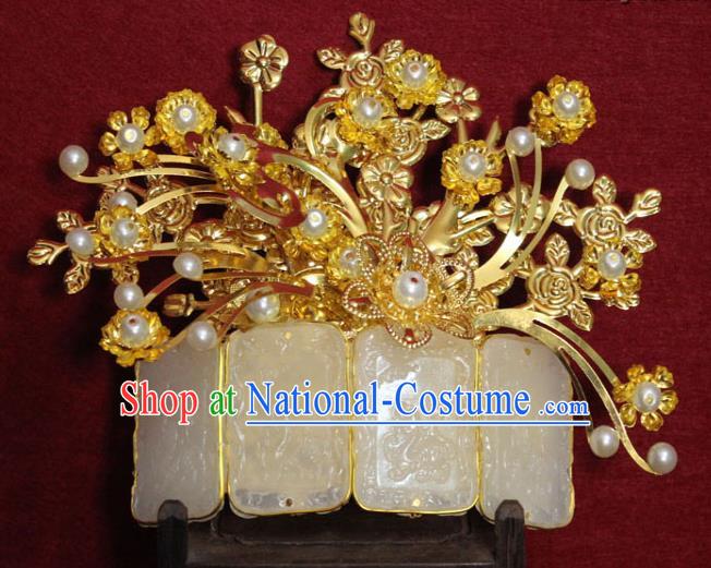 Traditional Chinese Handmade Jade Hair Crown Ancient Princess Hair Accessories Golden Hairpin Hair Comb for Women