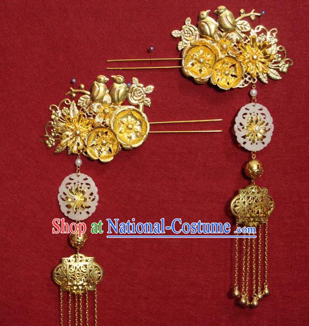 Traditional Chinese Handmade Jade Tassel Hairpins Ancient Princess Hair Accessories Golden Hair Clips for Women