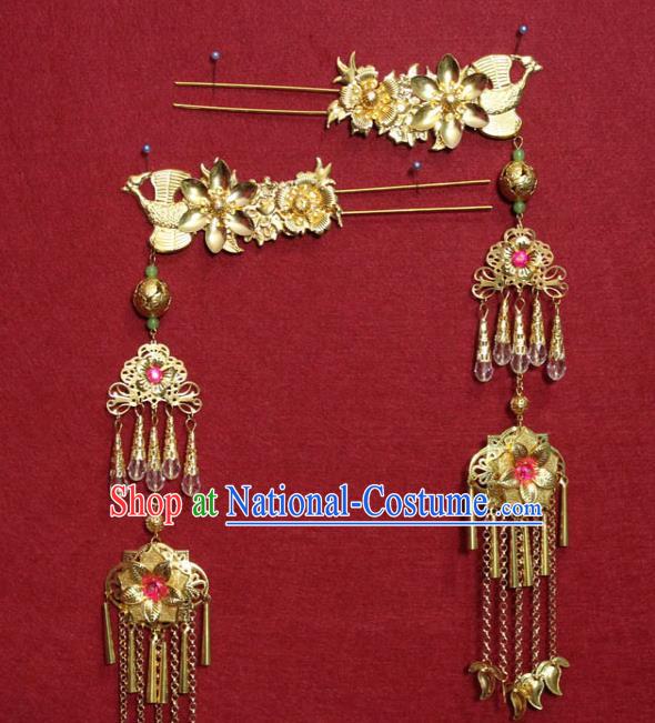 Traditional Chinese Handmade Golden Flowers Hairpins Ancient Queen Hair Accessories Tassel Hair Clip for Women