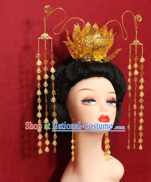 Traditional Chinese Ancient Empress Golden Lotus Tassel Phoenix Coronet Handmade Hair Jewelry Hair Accessories Hair Fascinators for Women