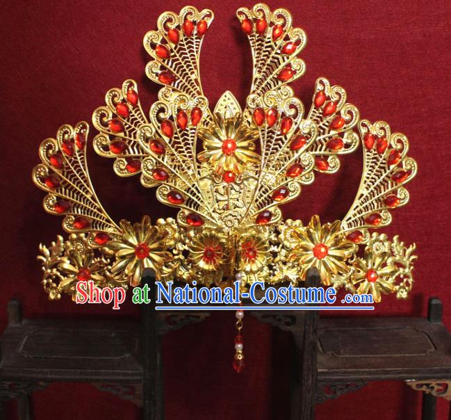 Traditional Chinese Handmade Red Crystal Phoenix Hairpins Ancient Queen Golden Tassel Hair Crown Hair Accessories for Women