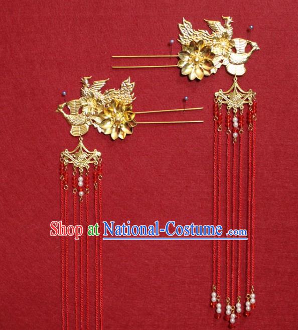 Traditional Chinese Handmade Red Tassel Hairpins Ancient Queen Golden Phoenix Hair Clip Hair Accessories for Women