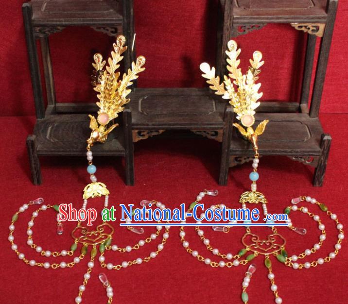 Traditional Chinese Handmade Pearls Tassel Hair Clip Ancient Queen Hair Accessories Golden Phoenix Hairpin for Women