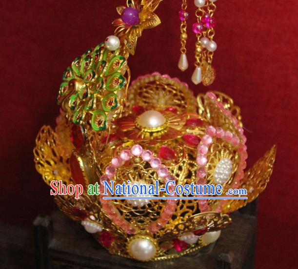 Traditional Chinese Handmade Pink Crystal Hair Crown Ancient Queen Hair Accessories Golden Cloisonne Phoenix Coronet for Women