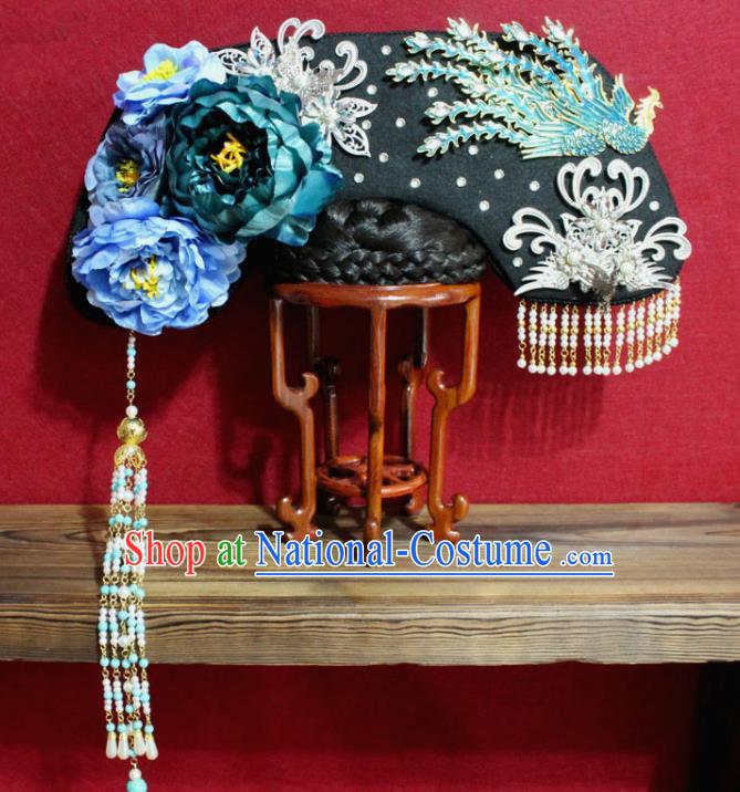 Chinese Ancient Qing Dynasty Queen Hair Jewelry Traditional Handmade Hairpins Hair Accessories Blue Peony Phoenix Coronet Complete Set