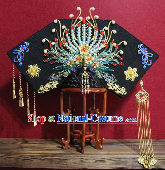 Chinese Ancient Qing Dynasty Queen Hair Jewelry Traditional Handmade Hairpins Hair Accessories Golden Tassel Phoenix Coronet Complete Set