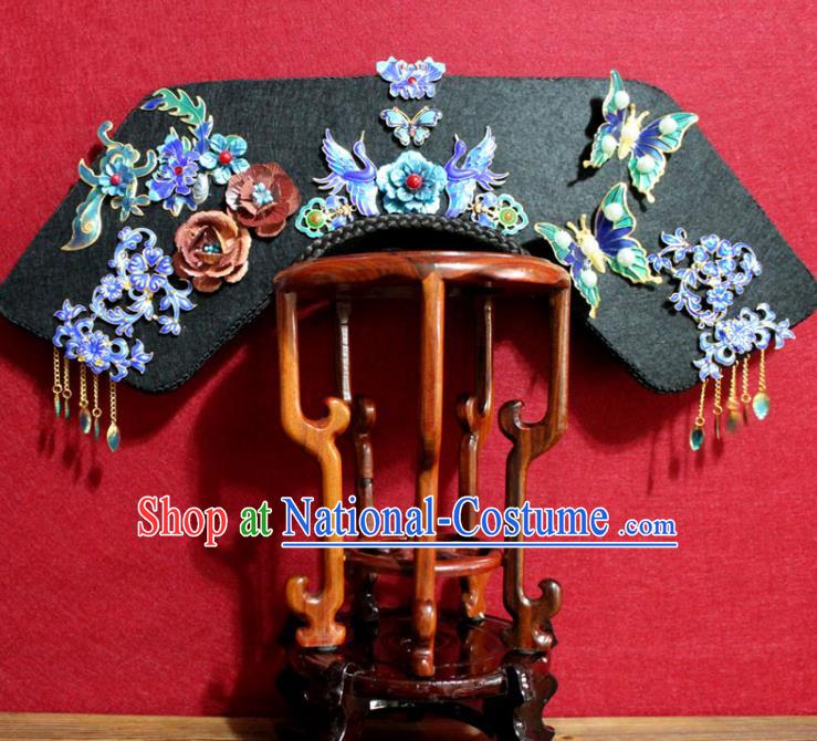 Chinese Ancient Qing Dynasty Queen Hair Jewelry Traditional Handmade Hairpins Hair Accessories Cloisonne Crane Butterfly Phoenix Coronet Complete Set