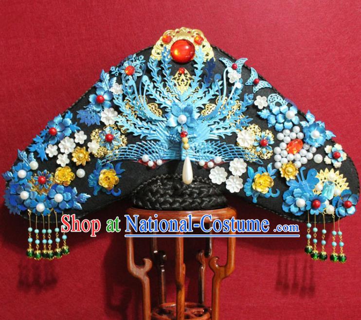 Chinese Ancient Qing Dynasty Queen Hair Jewelry Traditional Handmade Hairpins Hair Accessories Blueing Flowers Phoenix Coronet Complete Set