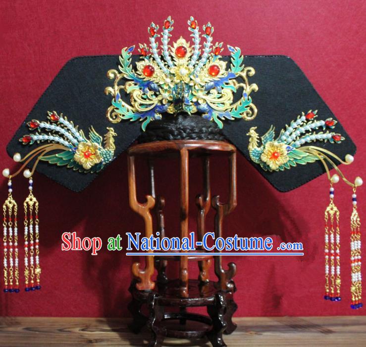 Chinese Ancient Qing Dynasty Queen Hair Jewelry Traditional Handmade Hairpins Hair Accessories Tassel Pearls Phoenix Coronet Complete Set