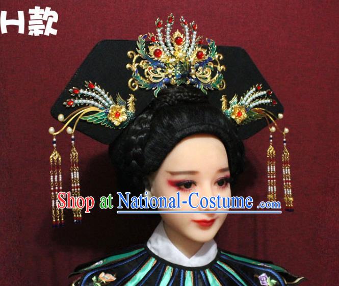 Chinese Ancient Qing Dynasty Queen Hair Jewelry Traditional Handmade Hairpins Hair Accessories Tassel Pearls Phoenix Coronet Complete Set