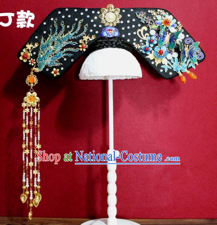 Chinese Ancient Qing Dynasty Queen Hair Jewelry Traditional Handmade Hairpins Hair Accessories Pearls Tassel Blueing Phoenix Coronet Complete Set