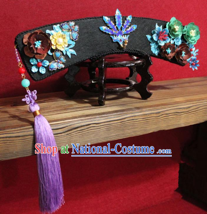 Chinese Ancient Imperial Consort Purple Tassel Cloisonne Phoenix Coronet Hair Jewelry Traditional Handmade Hairpins Qing Dynasty Queen Hair Accessories Complete Set