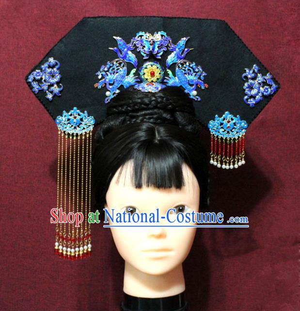 Chinese Ancient Imperial Consort Cloisonne Phoenix Coronet Hair Jewelry Traditional Handmade Hairpins Qing Dynasty Queen Hair Accessories Complete Set